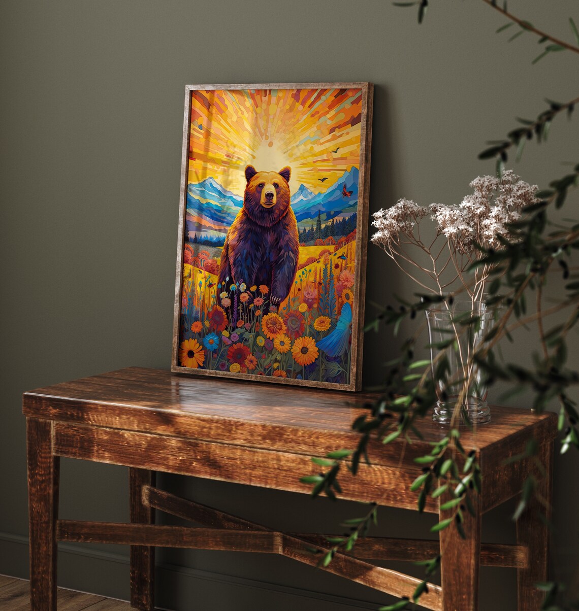 Grizzly Bear Wildflower Meadow Sunset Mountain Nature Art Poster - Image 4