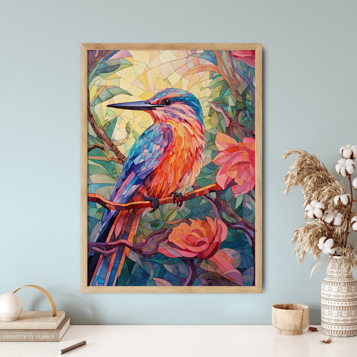 Colorful Kingfisher Bird Mosaic Stained Glass Style Art Poster - Image 5