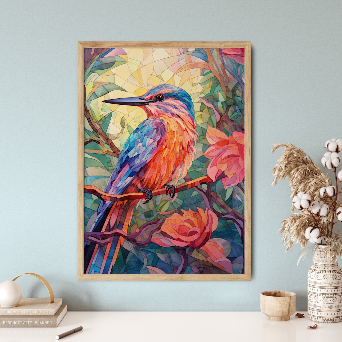 Stained Glass Kingfisher Colourful Bird Pink Flowers Art Poster - Image 5
