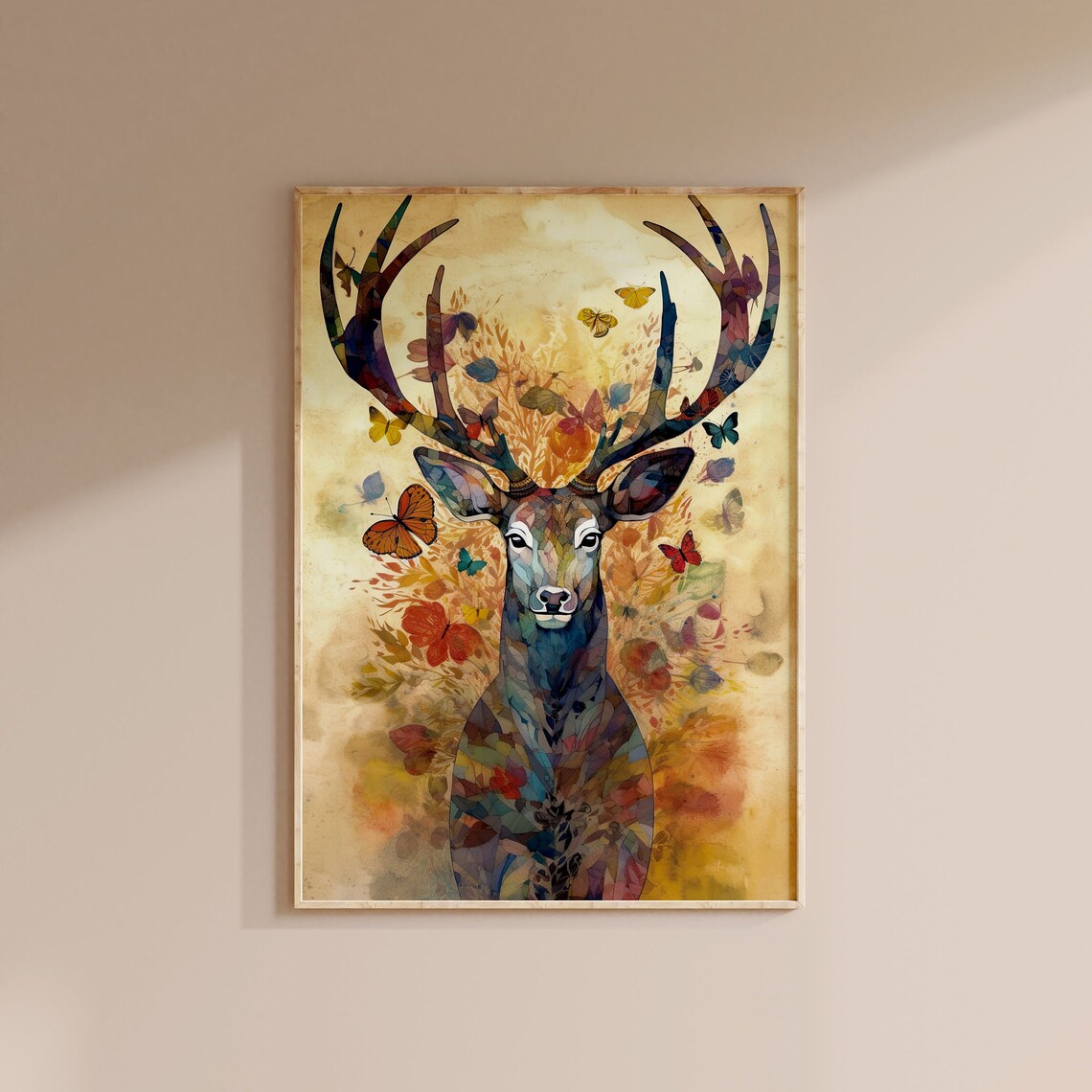 Stag Deer Butterflies Watercolour Mosaic Antlers Nature Poster - Image 3