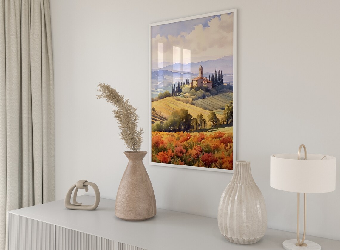 Tuscan Hilltop Village Church Tower Watercolor Italian Art Print - Image 4