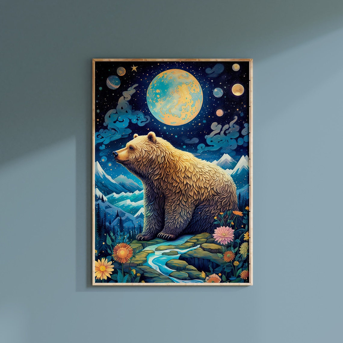 Bear Under Cosmic Night Sky Moon Planets Flowers Dreamscape Poster - Image 2