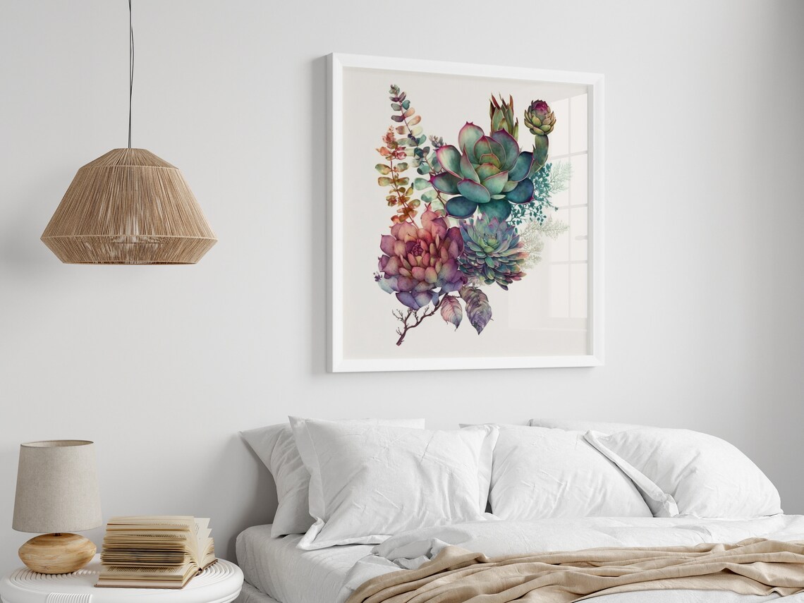 Purple Teal Watercolor Succulents Botanical Arrangement Art Poster - Image 4