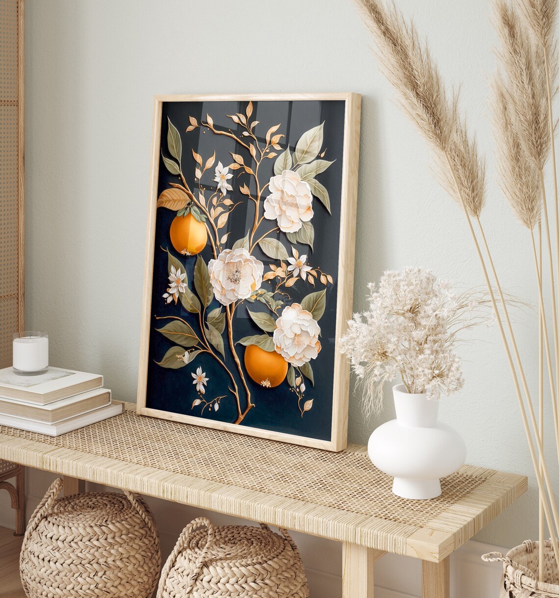 Orange Blossom Dark Botanical Gold Branch Elegant Floral Art Print - Image 2