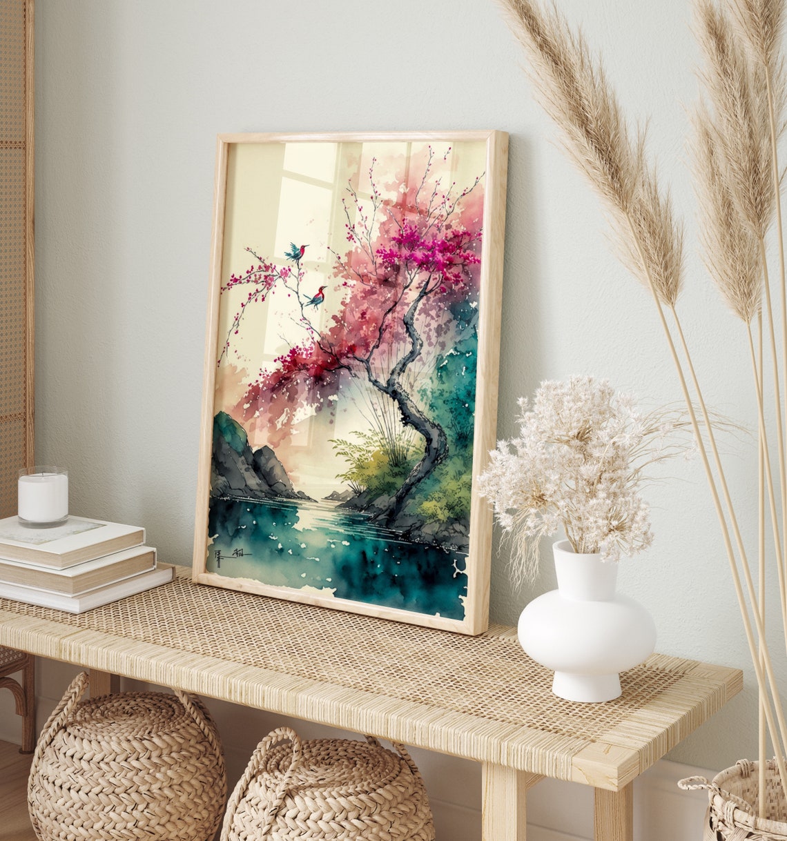 Japanese Blossom Tree Two Birds Over Water Ink Art Style Poster - Image 5