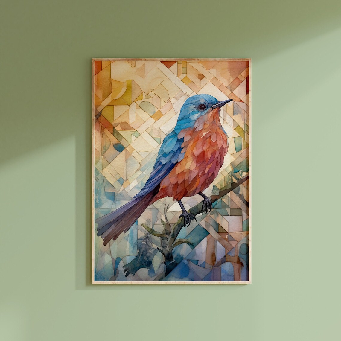 Bluebird Mosaic Watercolor Bird on Branch Geometric Nature Art Print - Image 2