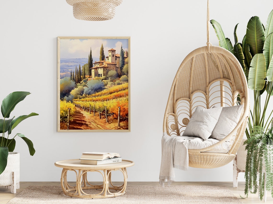 Tuscan Farmhouse Cypress Trees Golden Vineyard Watercolor Poster - Image 4