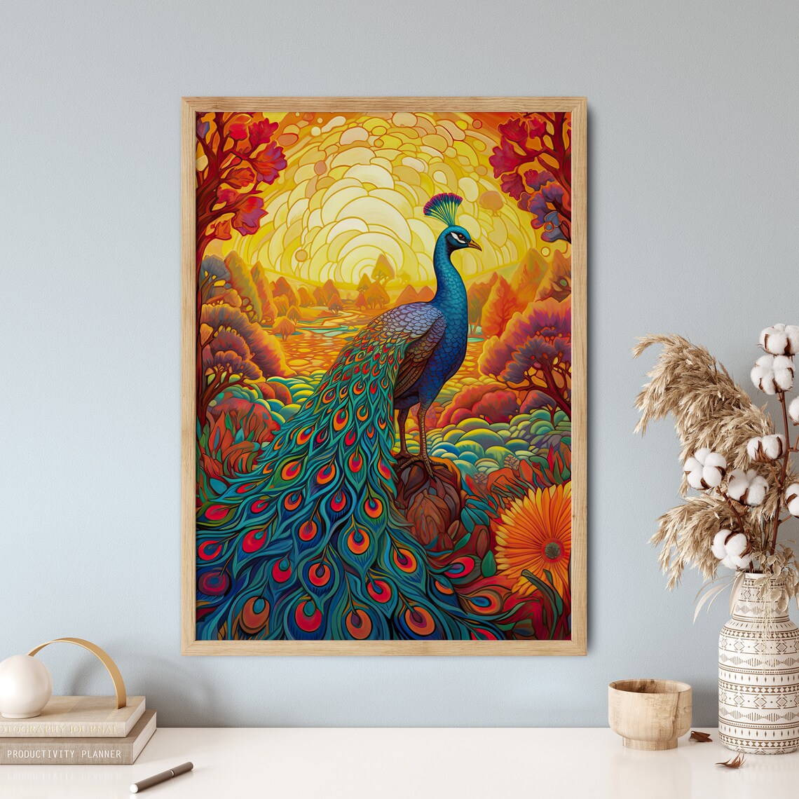 Peacock In Vibrant Sunset Mosaic Colorful Garden Scene Poster - Image 5