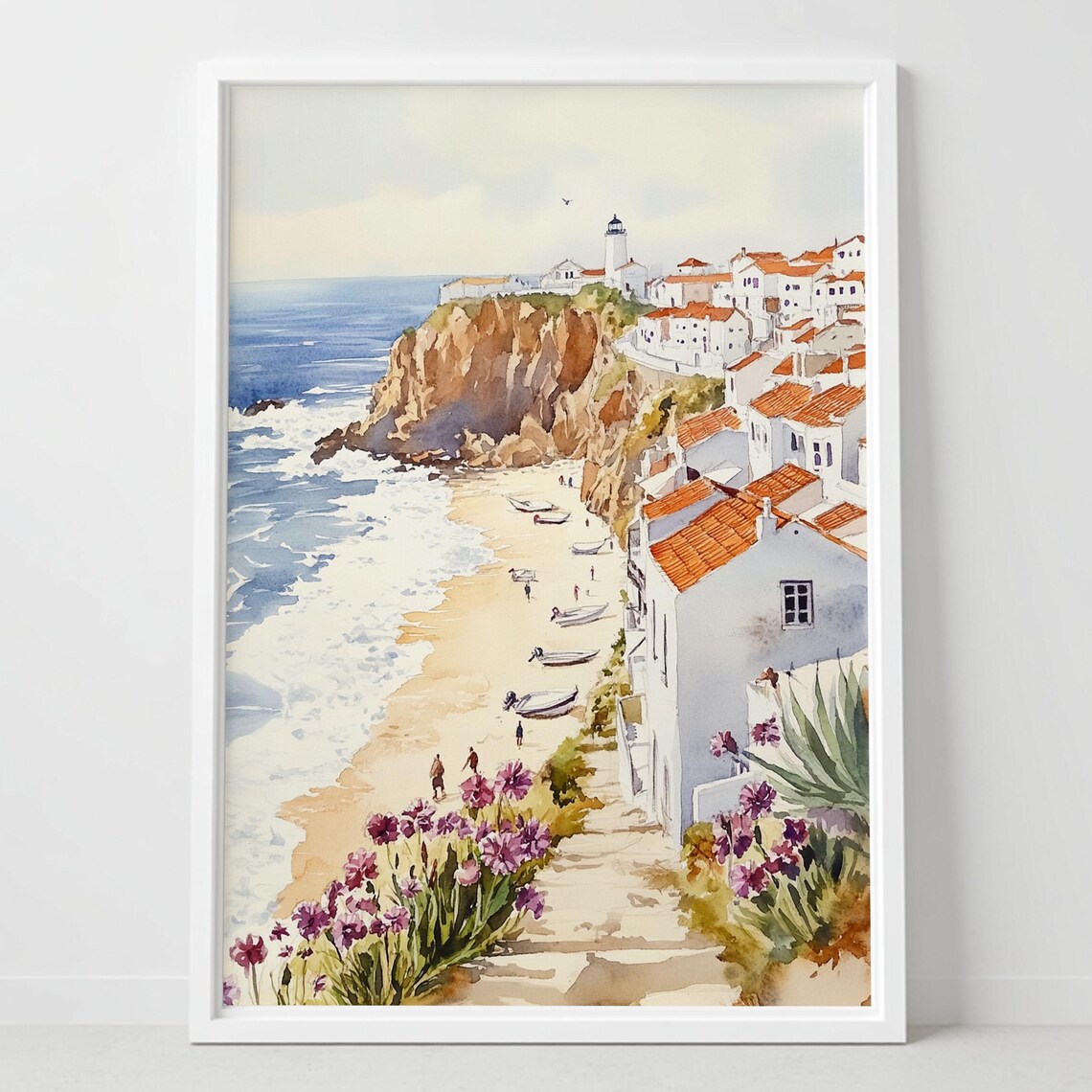 Nazar Portugal Coastal Lighthouse Village Watercolor Travel Poster