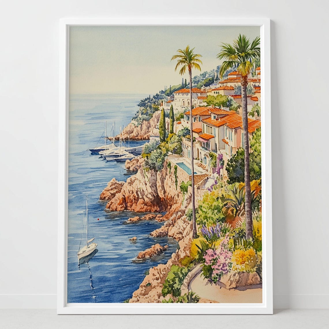 French Riviera Coastal Cliffs Watercolor Seaside Villas Poster