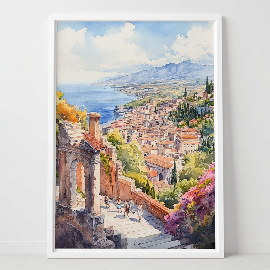 Taormina Italy Coastal Town Ancient Ruins Watercolor Travel Poster