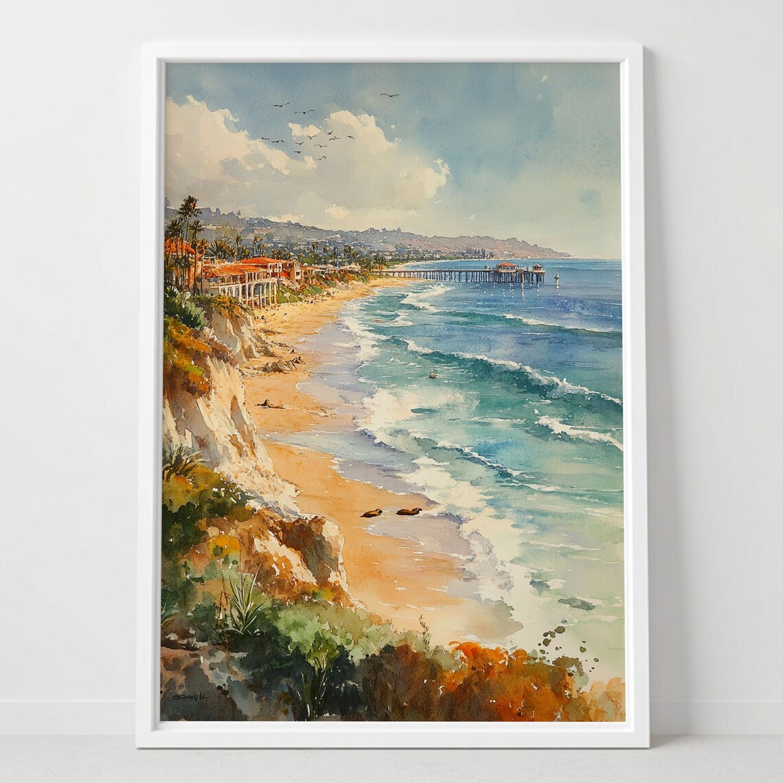 La Jolla Shores San Diego Beach Cliffs Pier Watercolor Art Poster