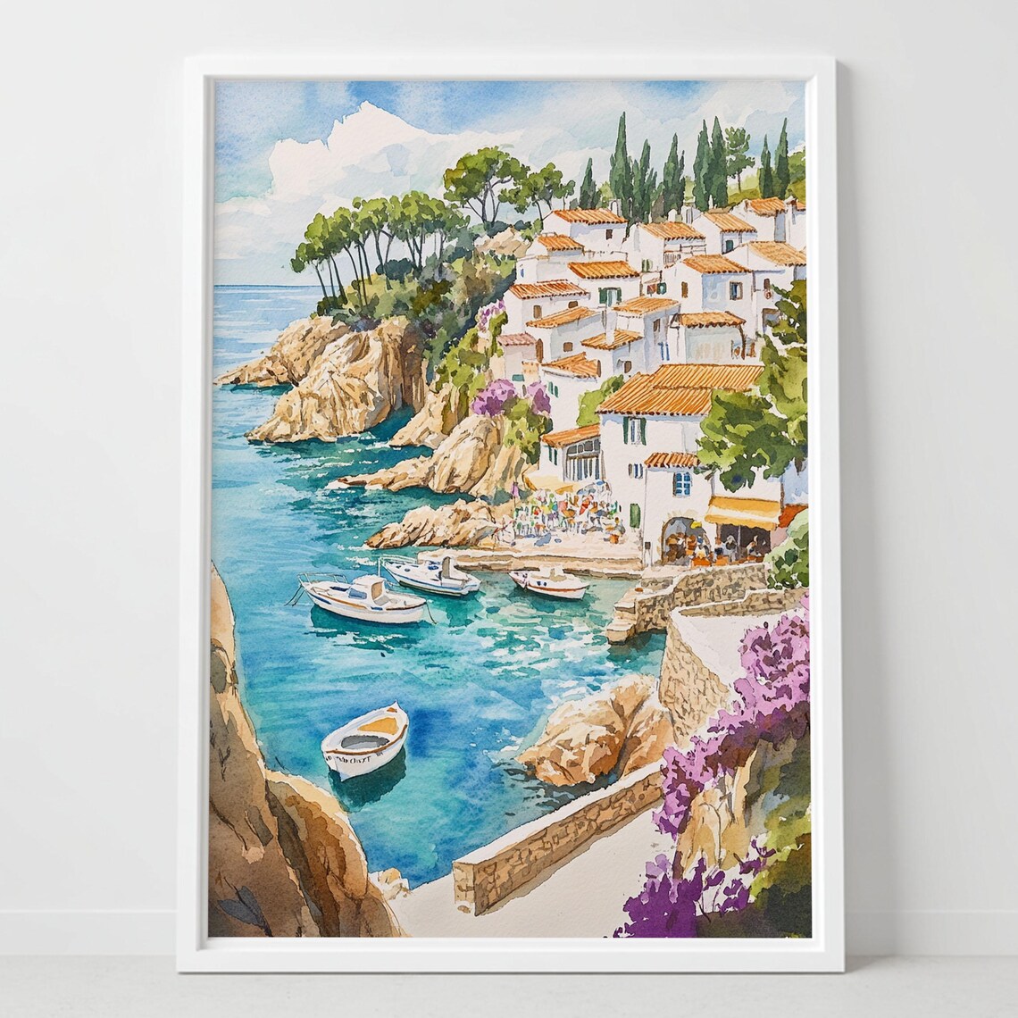 Costa Brava Spain Coastal Village Watercolor Harbor Boats Poster