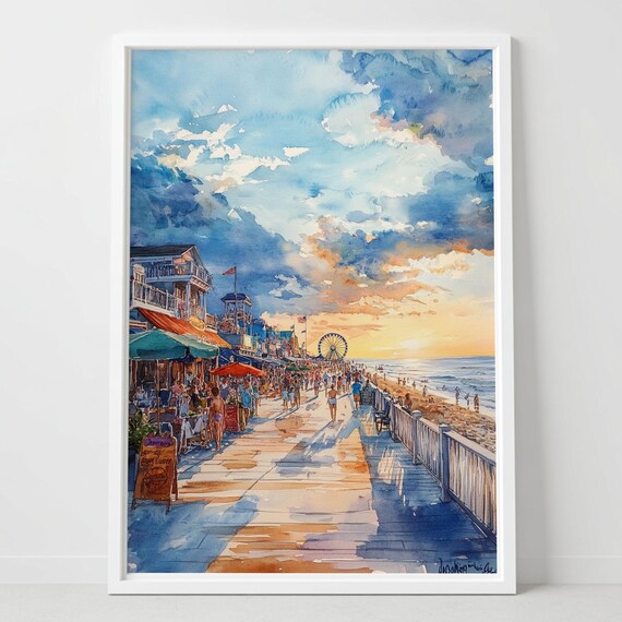 Ocean City Maryland Boardwalk Sunset Watercolor Beach Poster