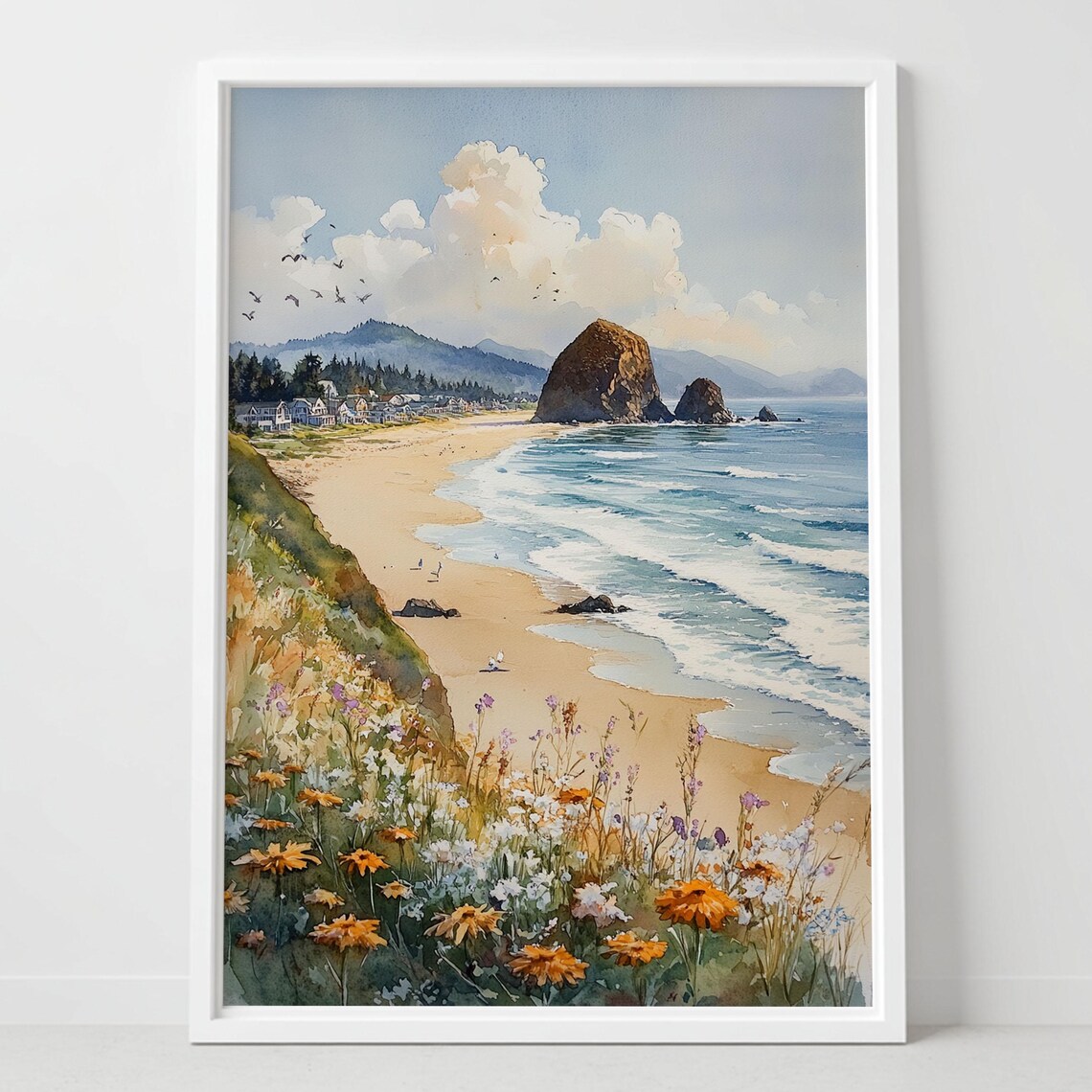 Cannon Beach Watercolor Print, Oregon Coast Travel Poster