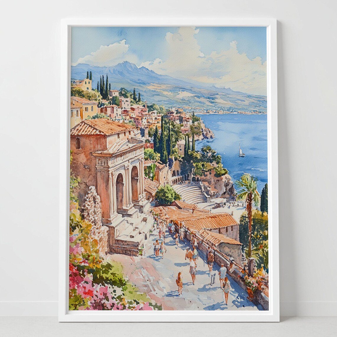 Taormina Italy Sicily Coastal Greek Theatre Watercolor Landscape Poster