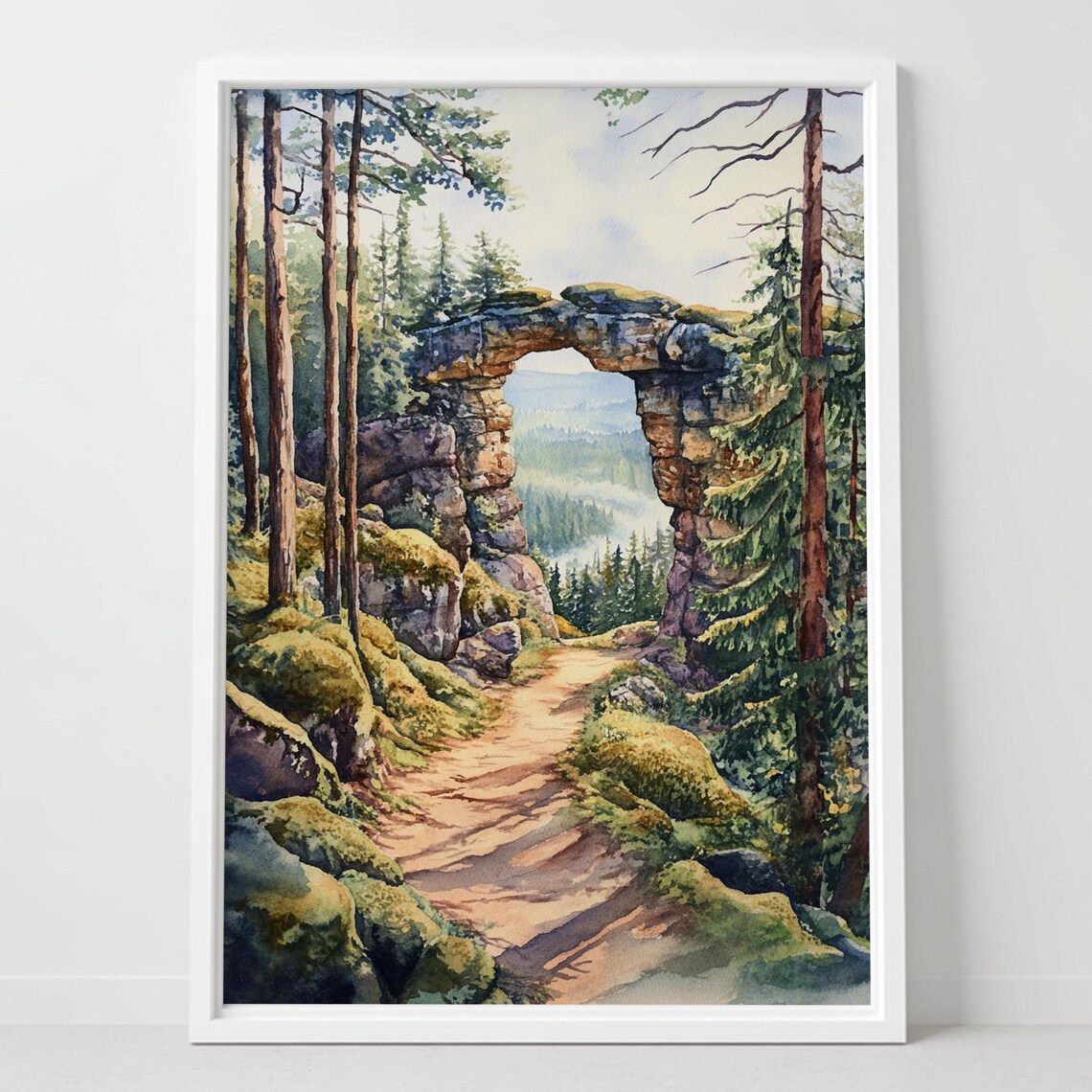 Forest Natural Stone Arch over Woodland Trail Watercolor Poster