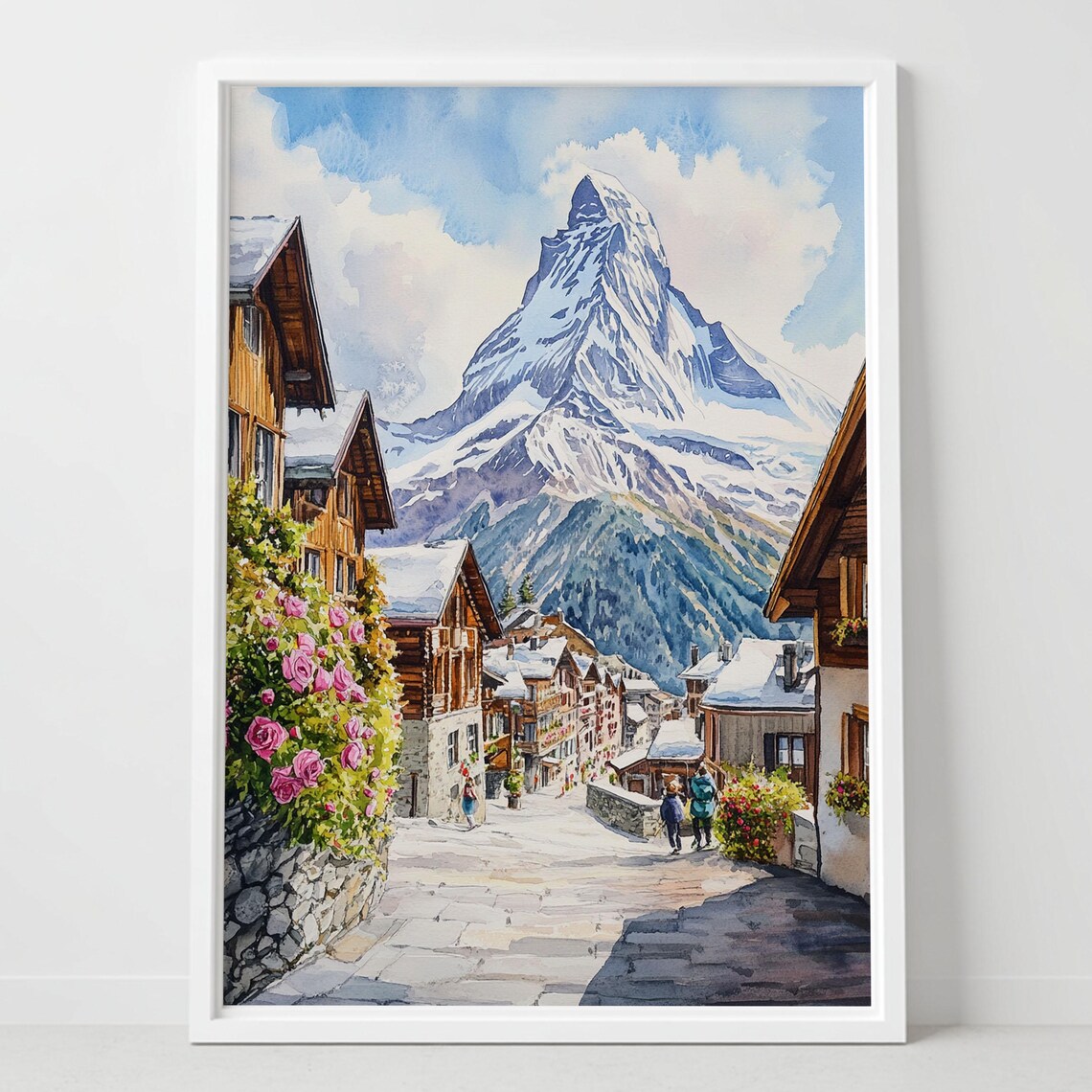 Zermatt Matterhorn Watercolor Print, Swiss Chalet Art