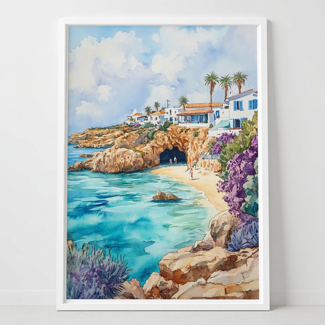 Greek Island Seaside Village White Houses Blue Shutters Watercolor Poster