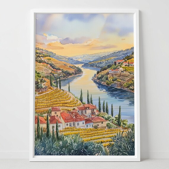 Douro Valley Portugal Vineyard River Terrace Watercolor Art Poster