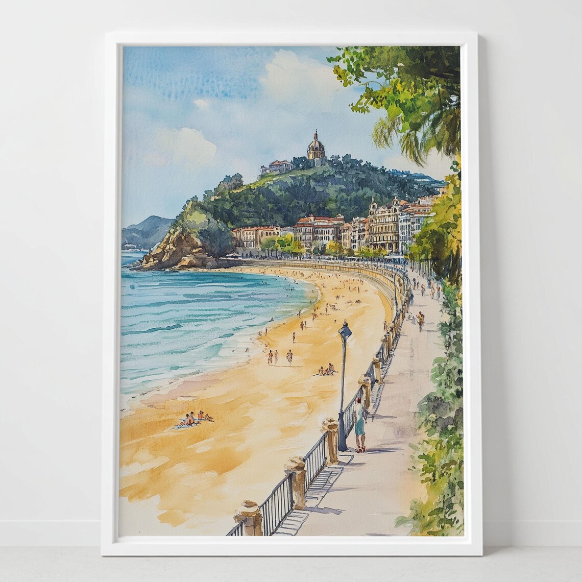 San Sebastian Spain La Concha Beach Watercolor Coastal City Poster