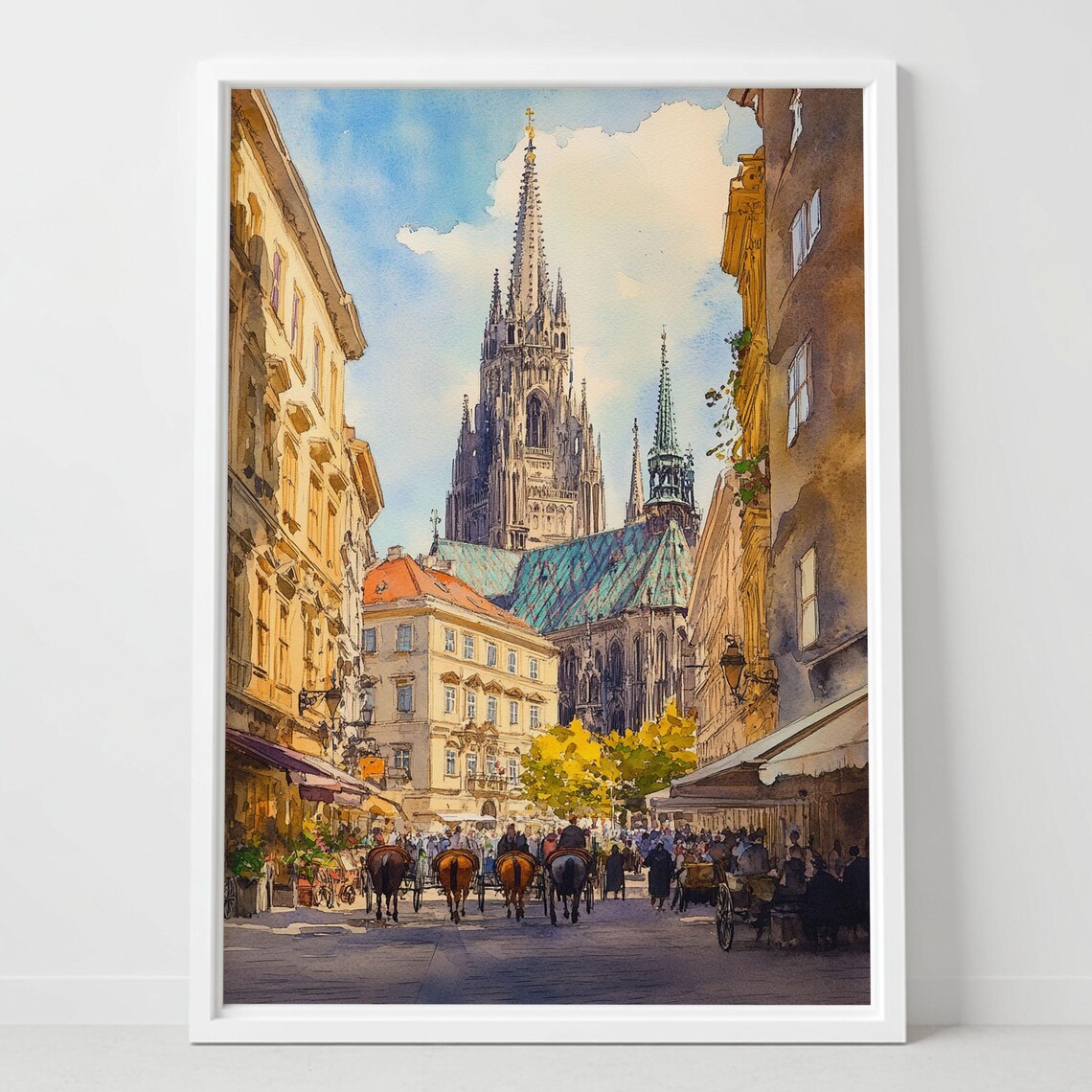 Vienna St Stephens Cathedral Watercolor Historic Street Wall Art