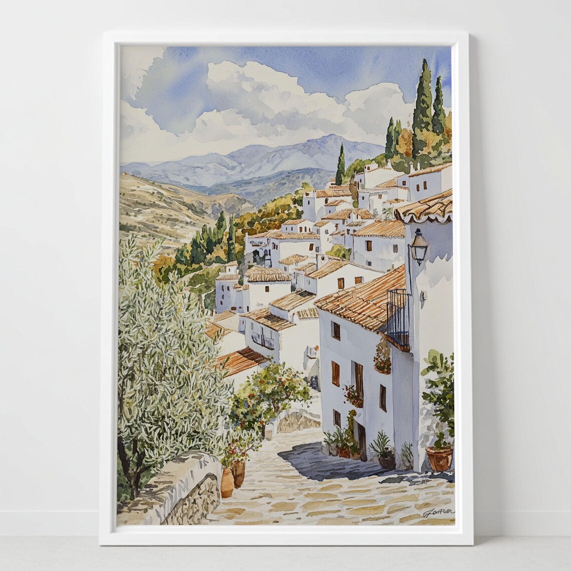 Whitewashed Village Terracotta Roofs Mediterranean Watercolor Poster