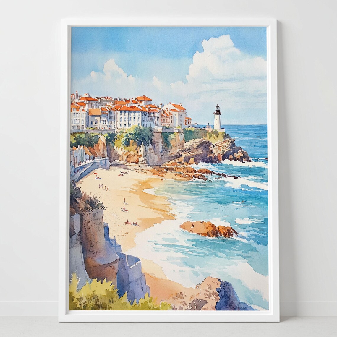 Biarritz France Coastal Lighthouse Watercolor Seaside Poster