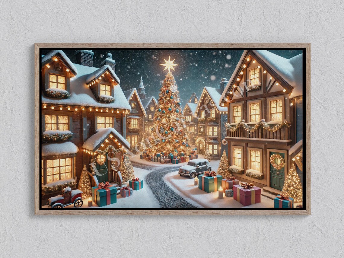 Charming Snowy Christmas Village with Tree Gifts and Lights Poster