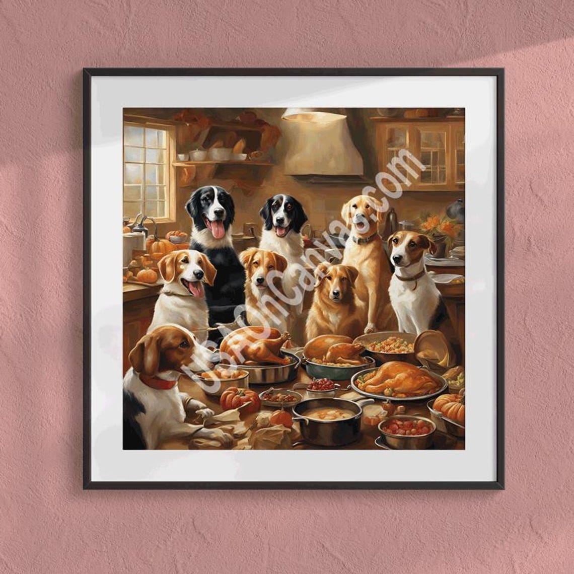 Seven Dogs Gathering Around a Thanksgiving Feast Table Poster