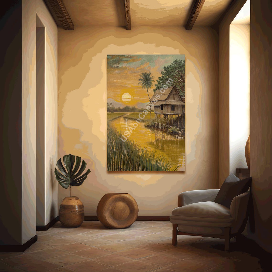 Tropical Sunset Stilt Hut By The Quiet Rice Field River Poster
