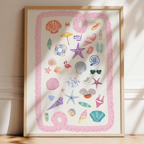 Pink Coastal Icons Nautical Watercolor Beach Collage Art Poster