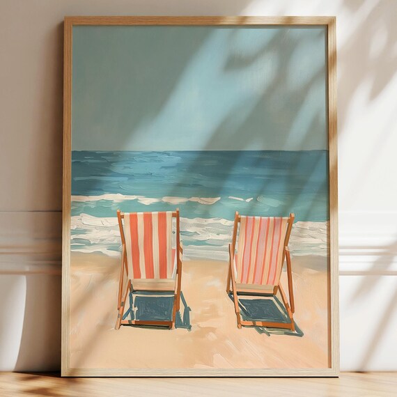 Two Striped Beach Chairs Facing Ocean Waves Coastal Art Print
