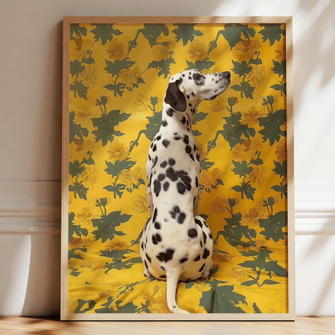 Dalmatian Dog Portrait on Bold Yellow Floral Maximalist Poster