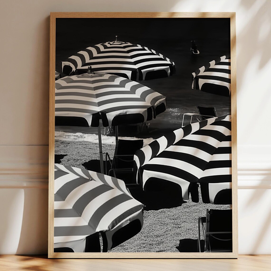 Striped Beach Umbrellas Black White Vintage Coastal Photo Poster