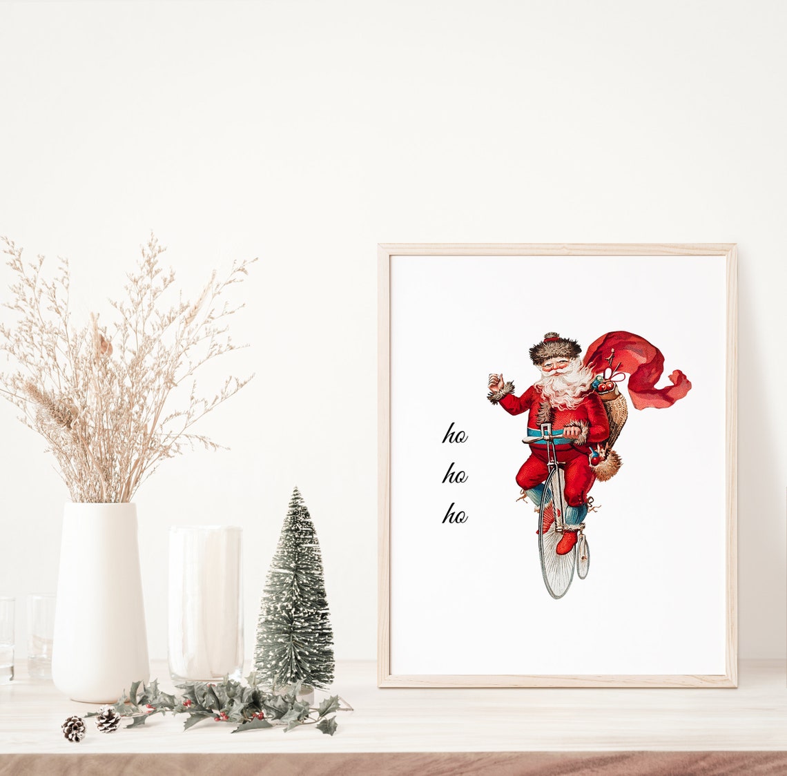 Vintage Santa Riding Penny Farthing Bike Ho Ho Ho Christmas Print - Image 2
