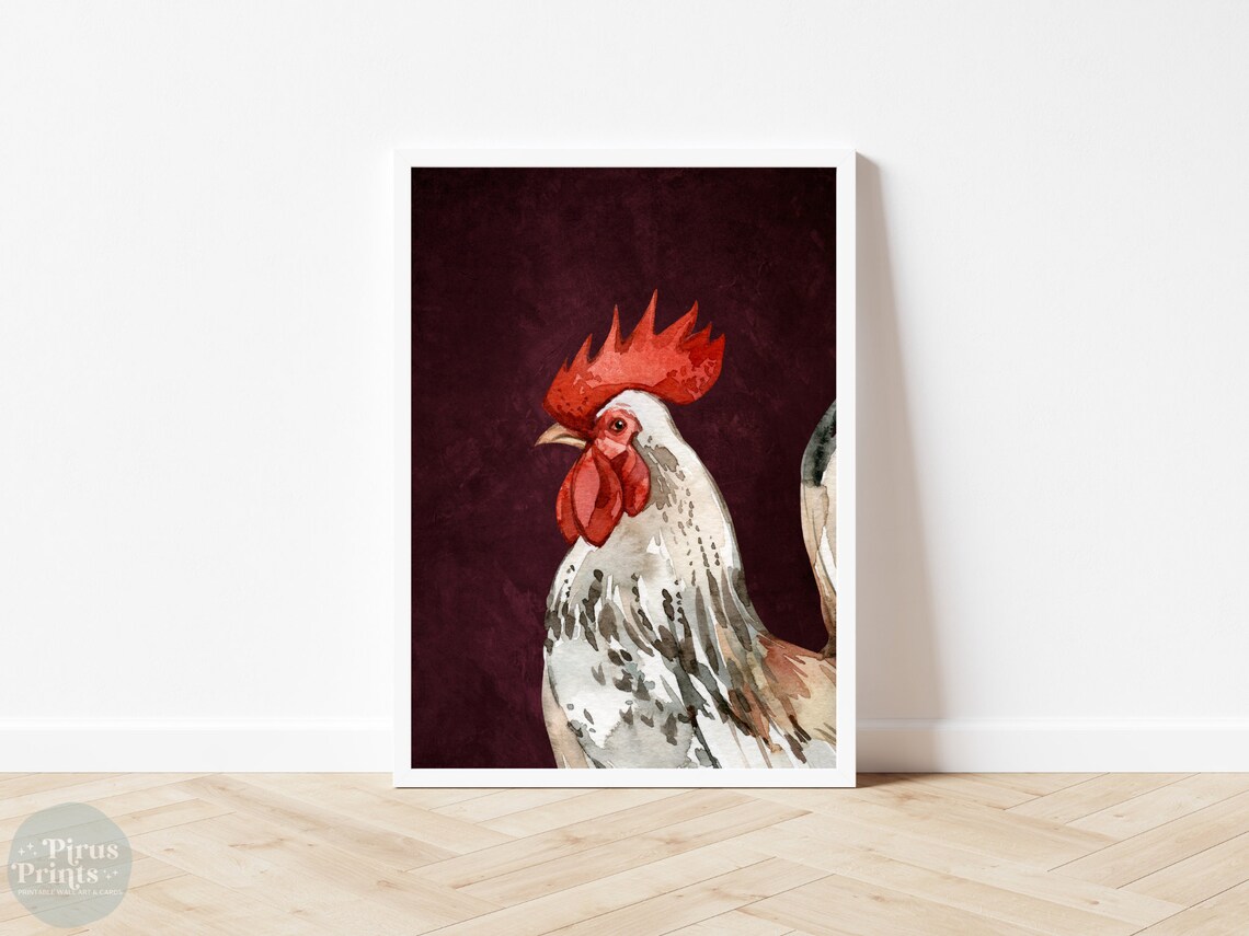 Rooster Watercolor Burgundy Rustic Farmhouse Animal Wall Art - Image 4