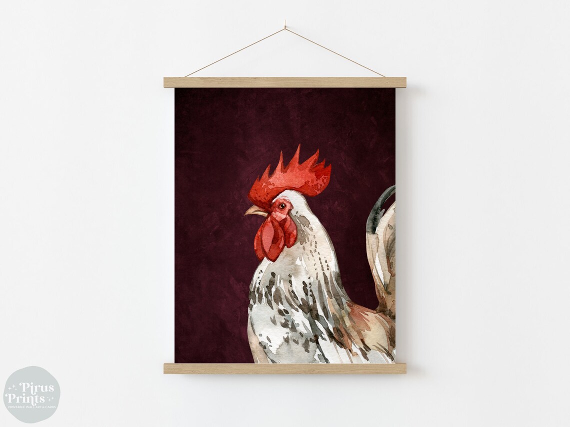 Rooster Watercolor Burgundy Rustic Farmhouse Animal Wall Art - Image 3