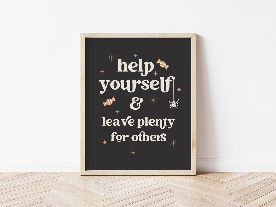 Help Yourself Halloween Candy Sign Spooky Black Trick Or Treat Print - Image 4