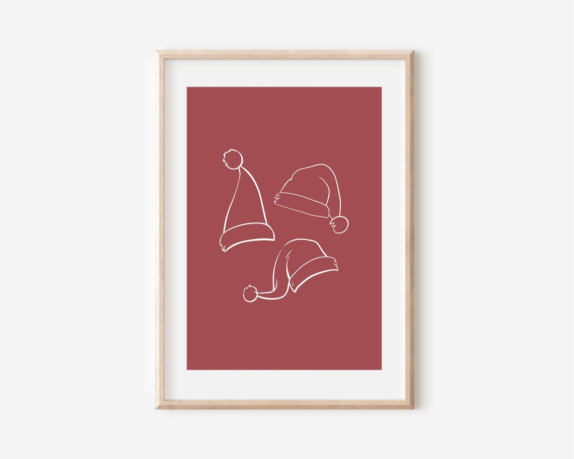 Santa Hats Line Art Print White On Red Minimal Modern Christmas Poster - Image 5