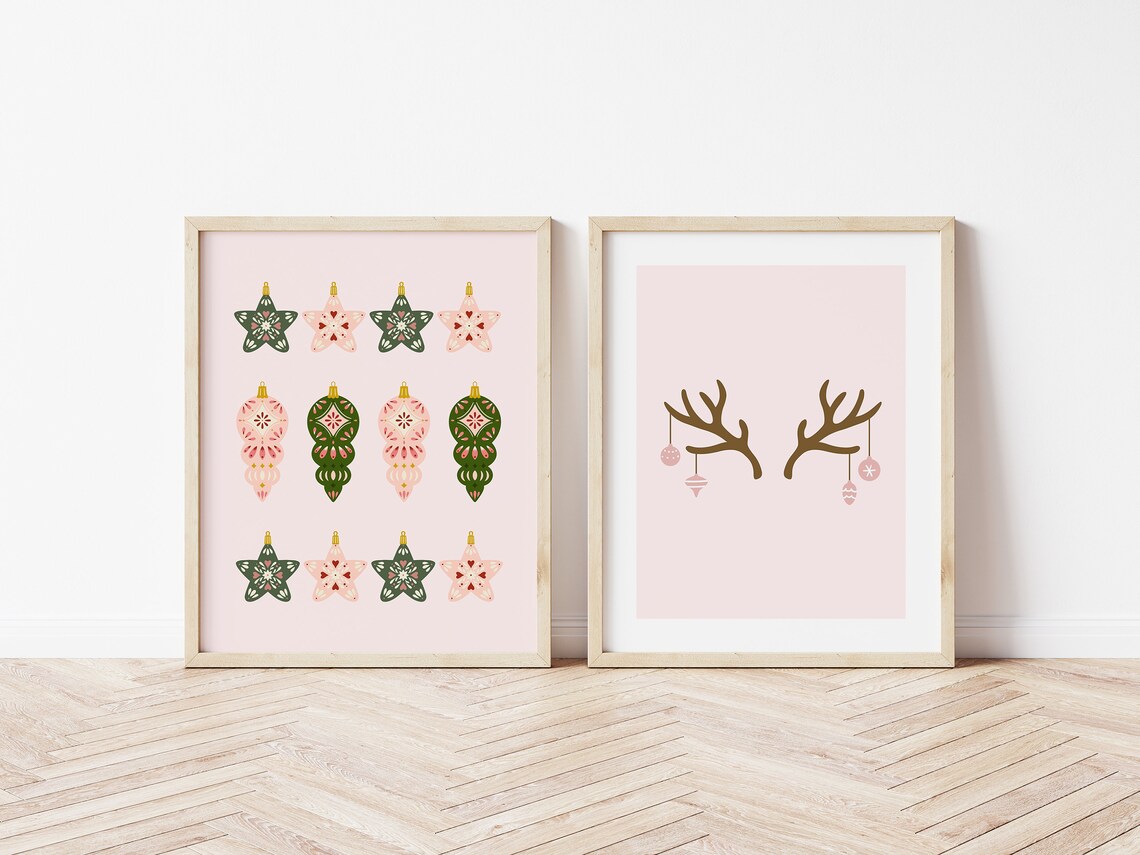 Retro Christmas Ornament Art Print, Pink Green Holiday Decor - Image 4