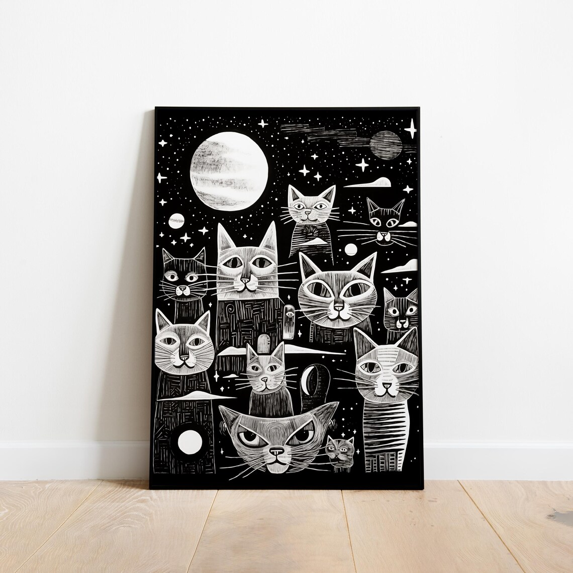 Black and White Cats Night Sky Moon Stars Woodcut Style Poster