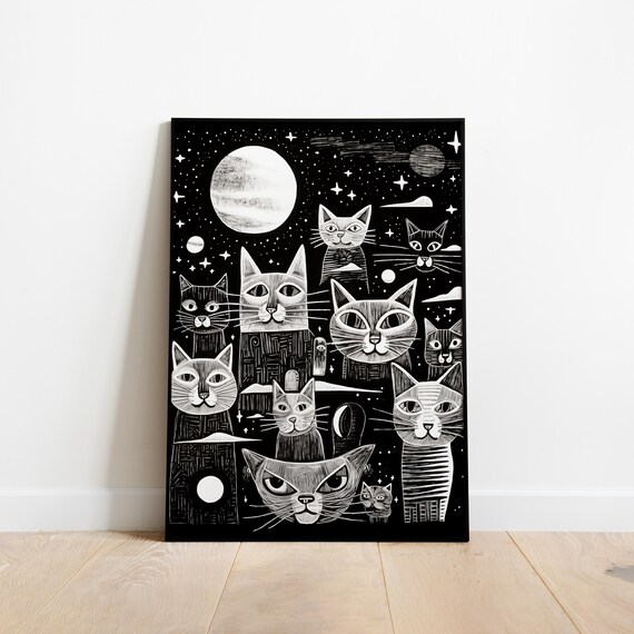 Black and White Cats Night Sky Moon Stars Woodcut Style Poster