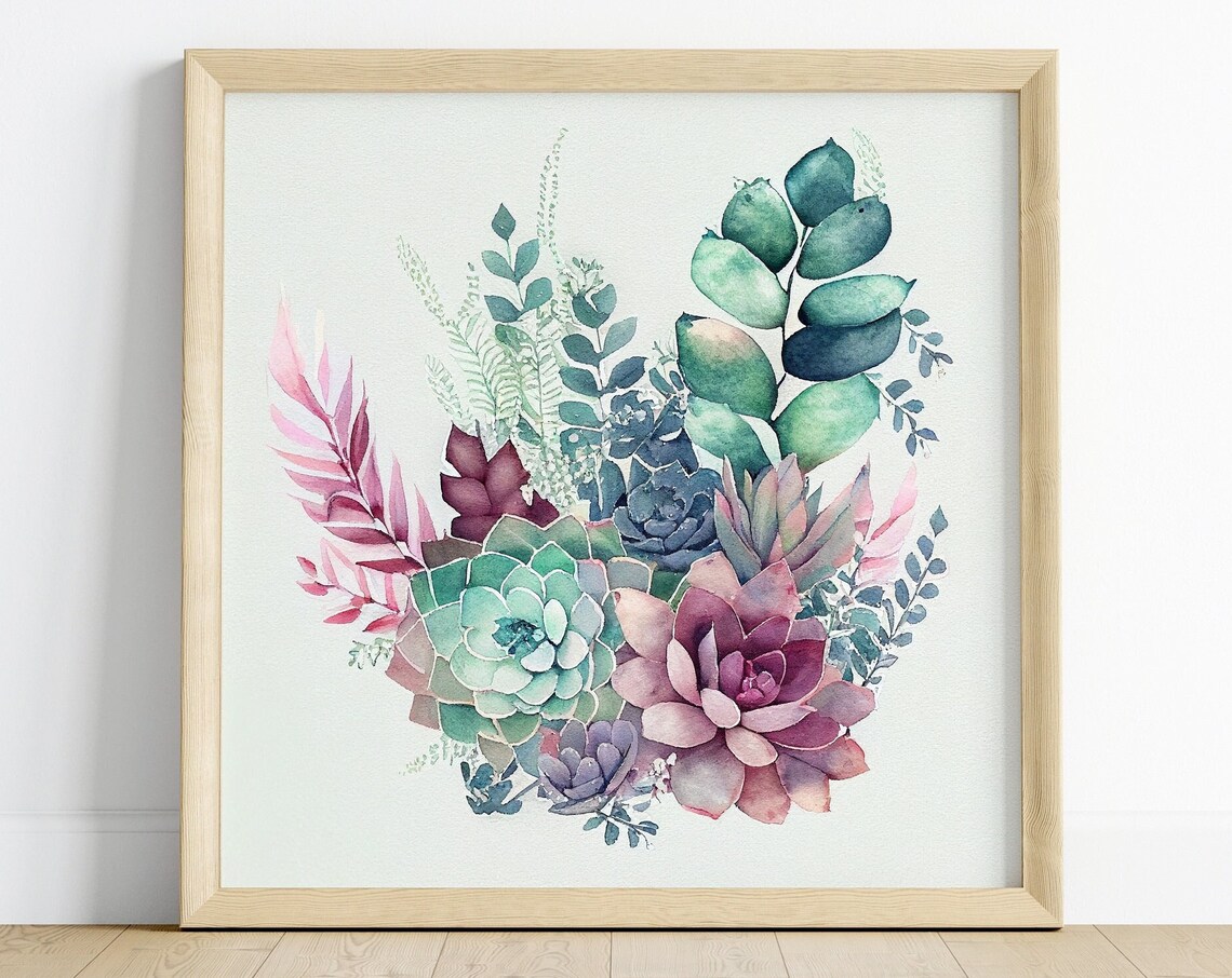 Watercolor Succulents and Eucalyptus Botanical Arrangement Art Print