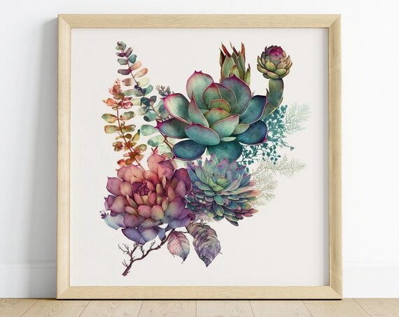 Purple Teal Watercolor Succulents Botanical Arrangement Art Poster