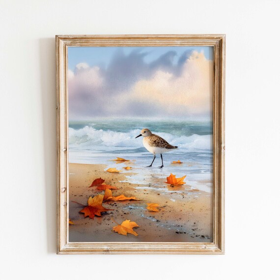 Autumn Beach Sandpiper Watercolor Shorebird Fall Leaves Coastal Poster