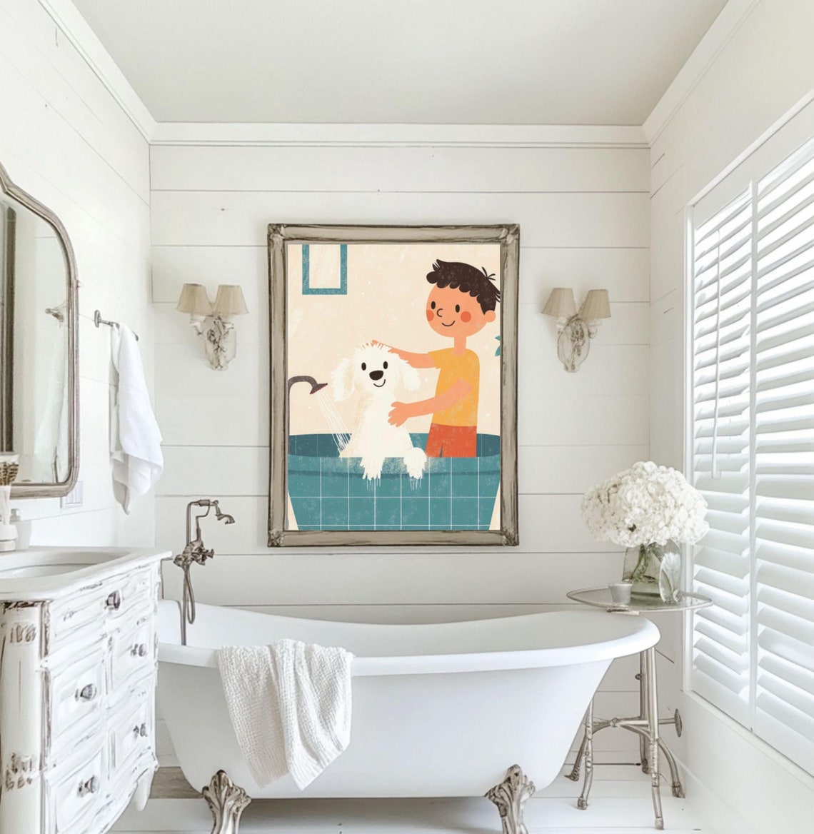Cute Cartoon Boy Bathing a Fluffy White Dog in a Teal Tub Poster