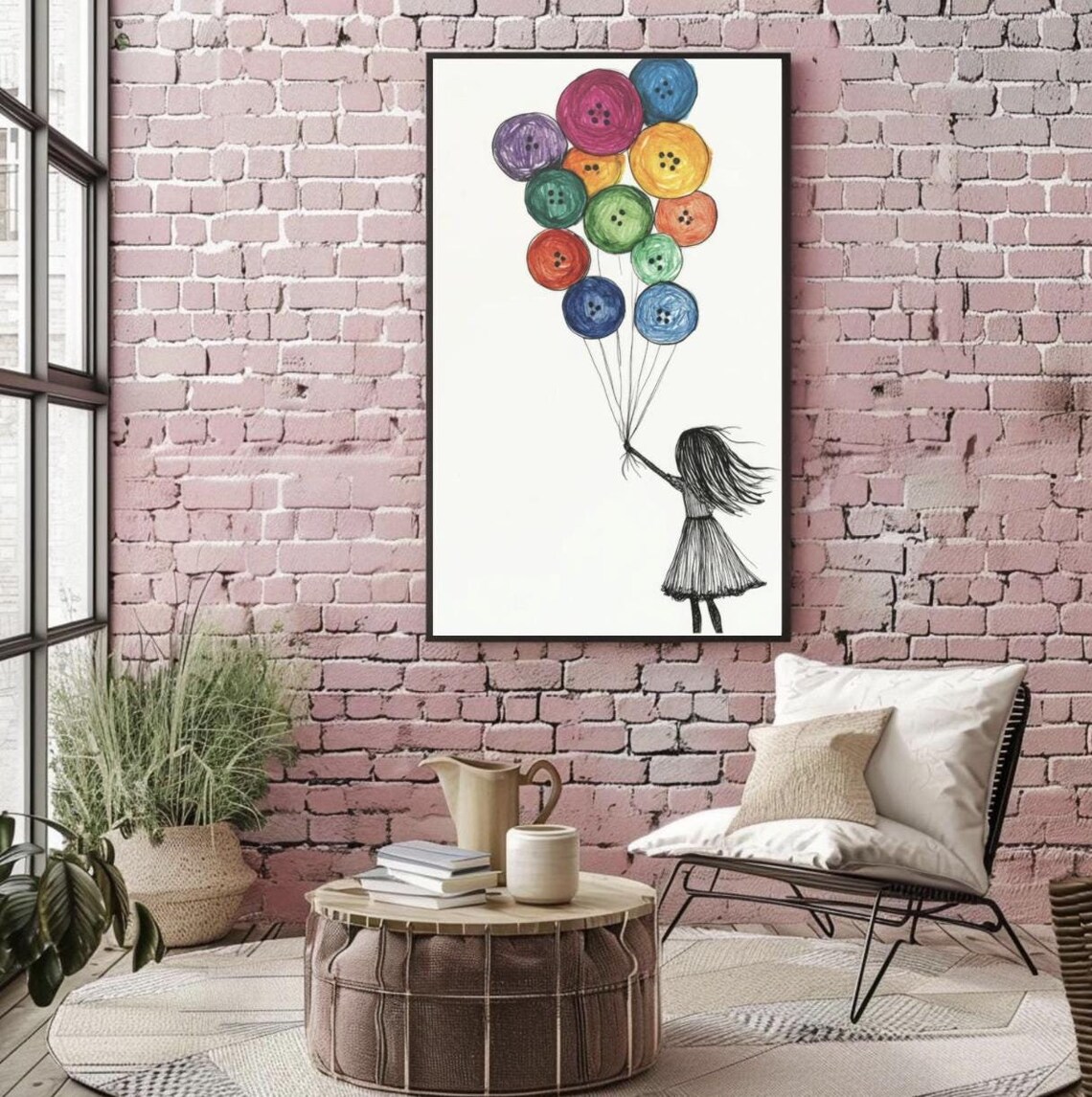 Girl With Buttons and Balloons, Cute Wall Art Print