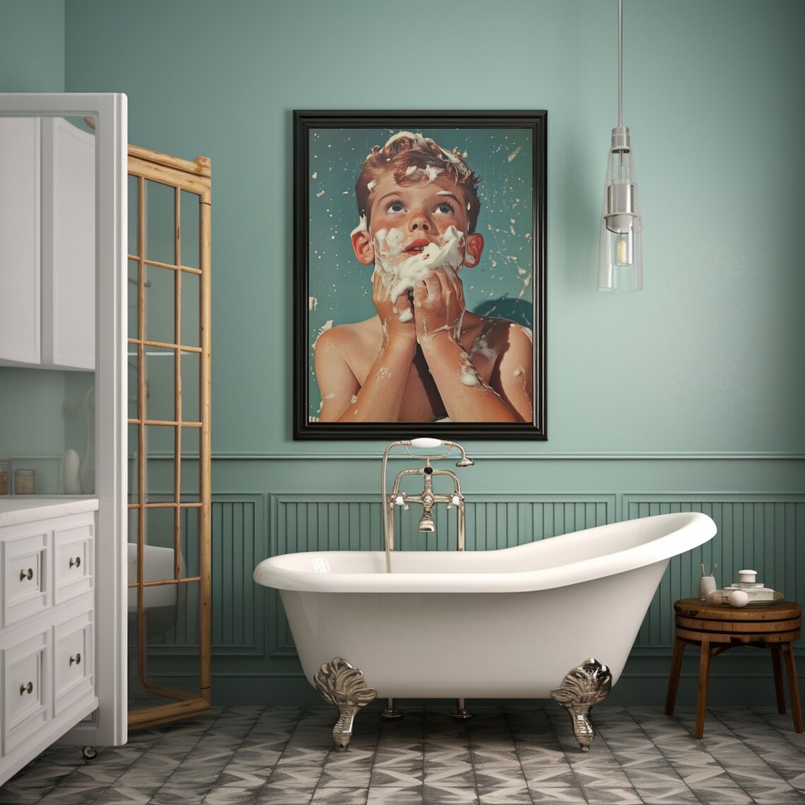 Retro Boy Washing Face with Soap Foam Bathroom Art Print