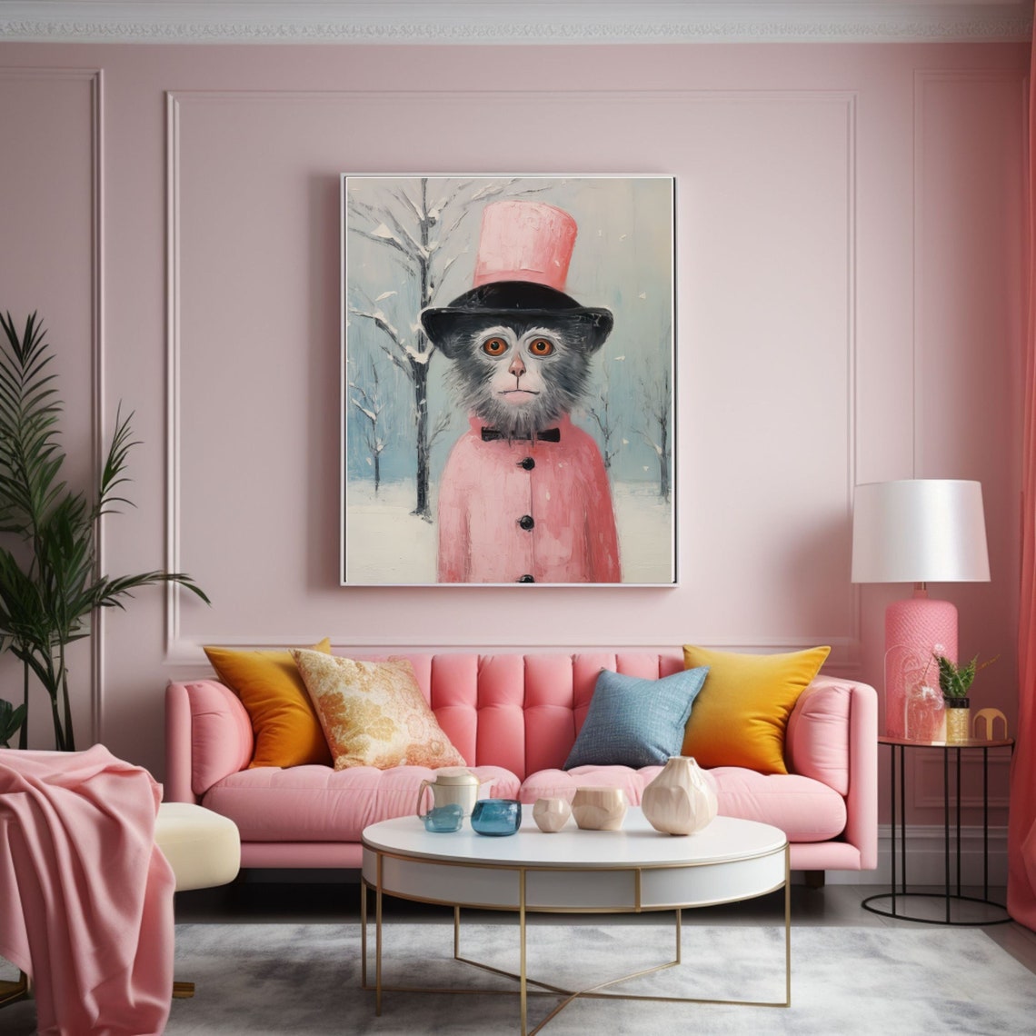 Dapper Monkey in Pink Coat and Top Hat Winter Portrait Poster